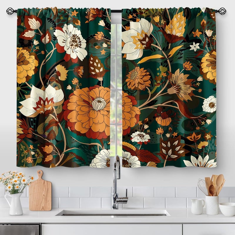 Aimego Boho Floral Kitchen Curtains - Bohemian Tropical Rustic Retro Flower Cafe Farmhouse Small Short Tier Window Curtains for Living Room Decor Rod Pocket Window Drapes 36 Inch Length Set 28"x36" - Image 1